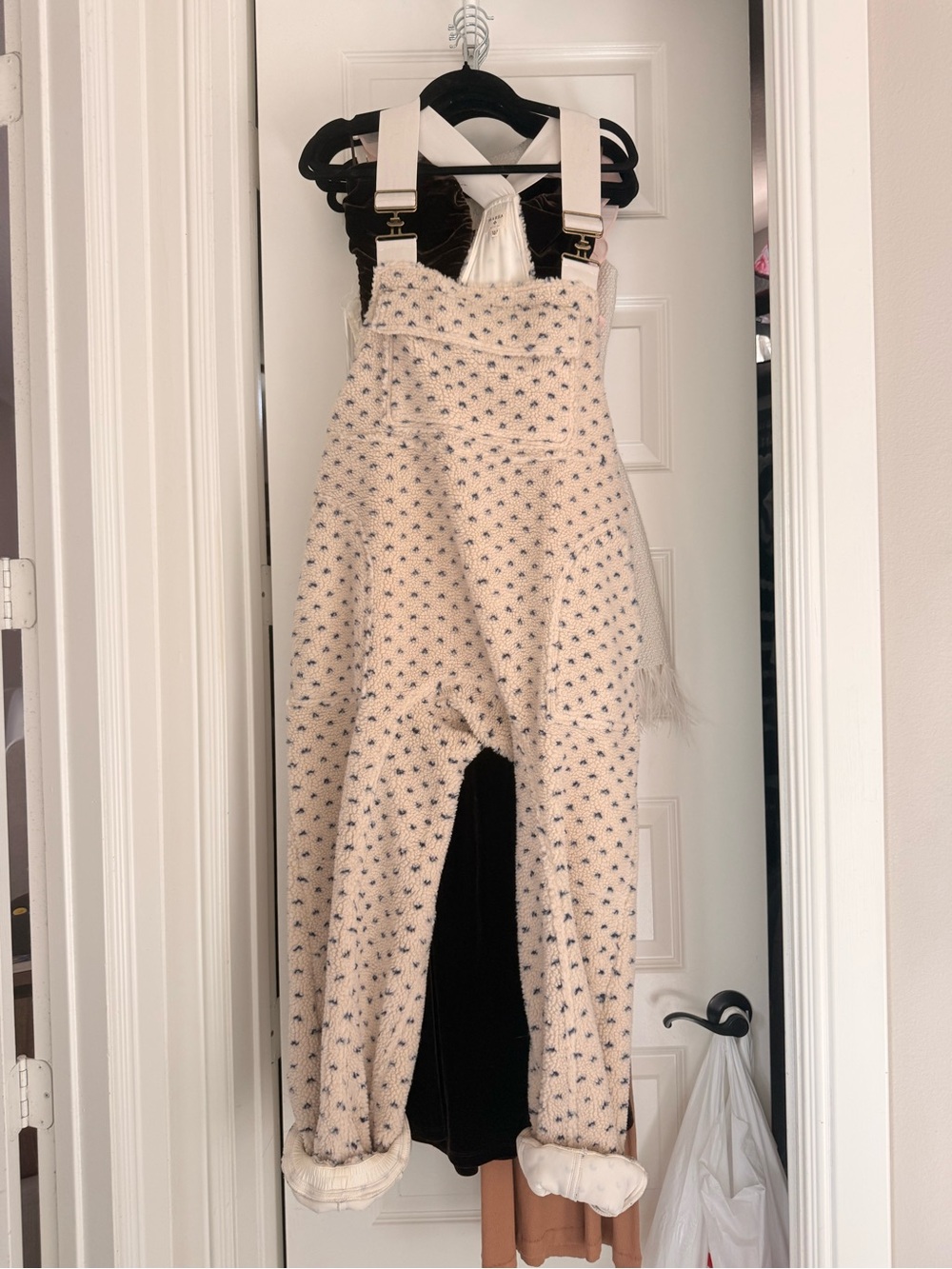 Cream Floral Dotted Overalls Shearling Jumpsuit